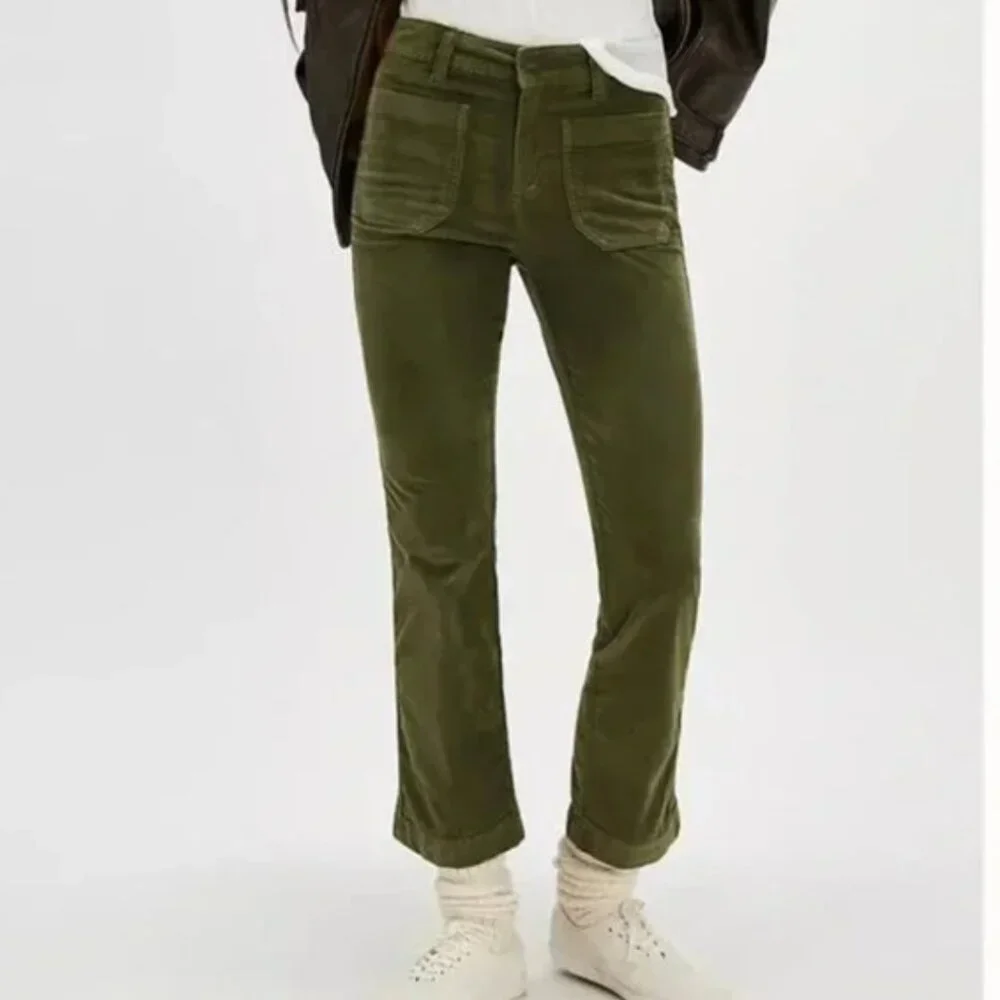 NWOT Free People High Time Velvet Kick Flare Pants Olive Army Green 12